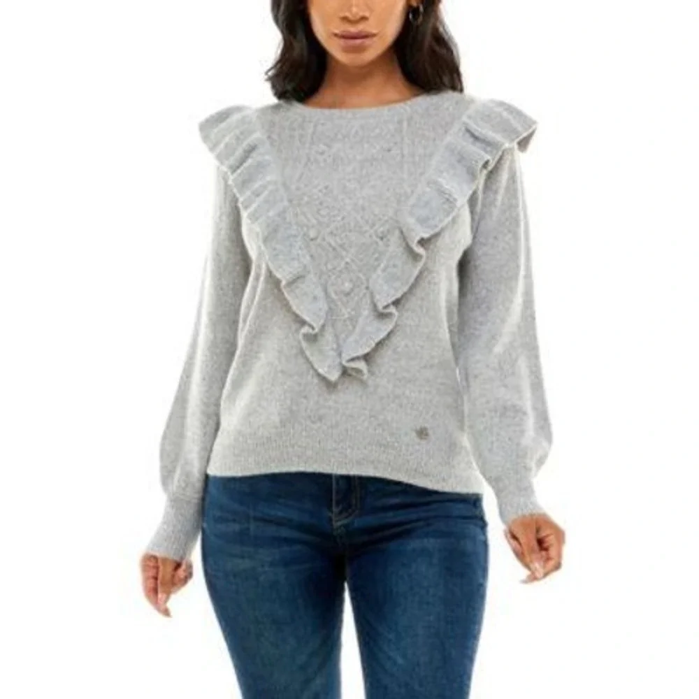 Adrienne Vittadini Ruffle Front Cable Knit Autumn Cozy Sweater Gray Large
